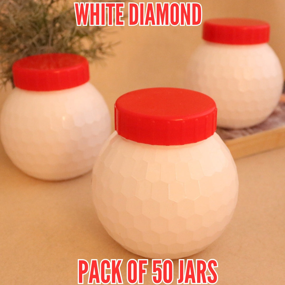 White Edition β 50 Pcs Diamond Design Storage Jars | 62mm Mouth Small PET Plastic Jars with Red & White Cap | Airtight, BPA-Free Containers for Spices, Dry Fruits, Masalas & More