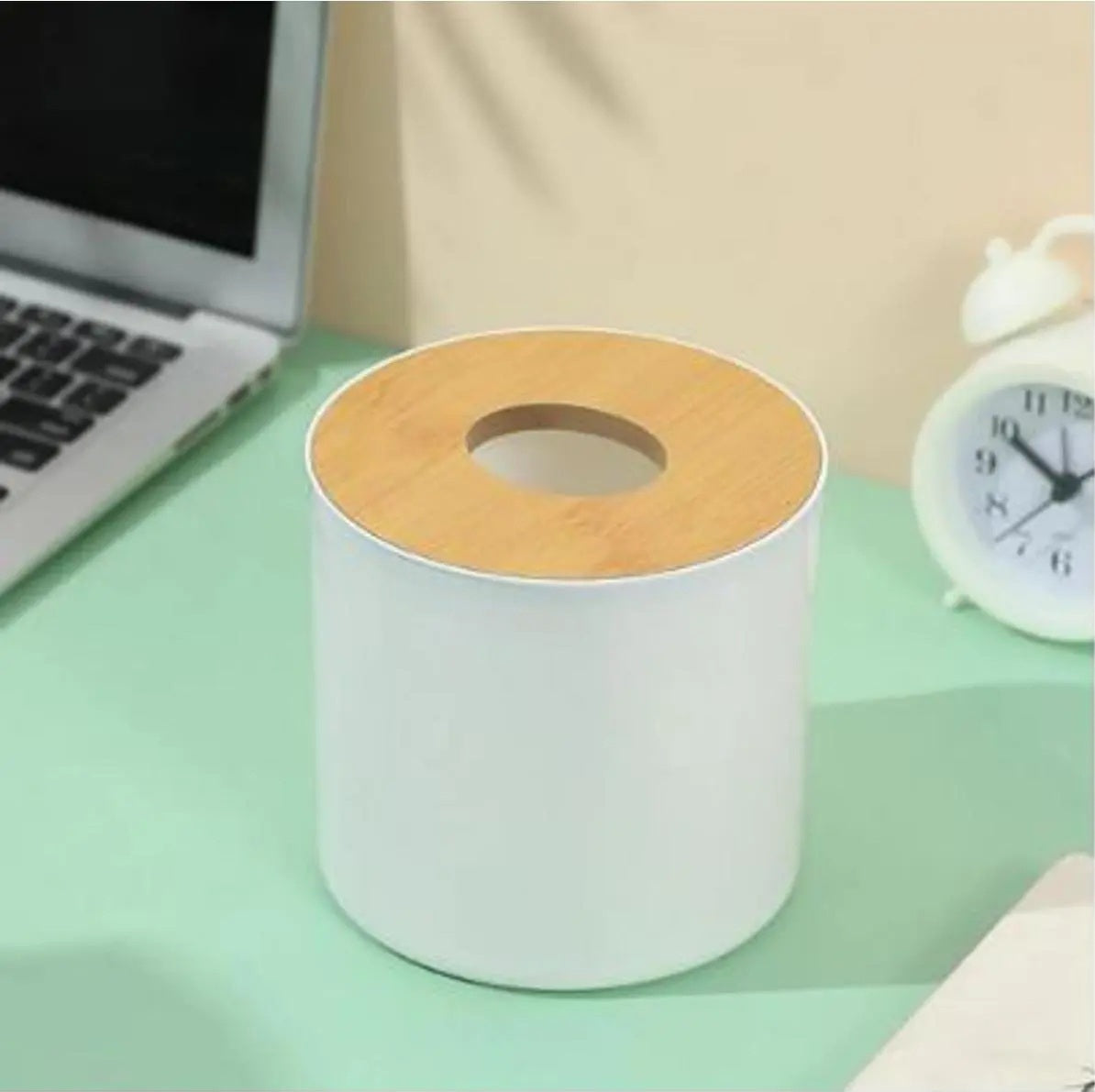 Wooden Cover Plastic Tissue Holder Organizer Box (White Color)