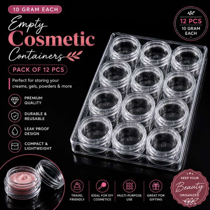 A pack of 12 small clear cosmetic containers arranged in a clear plastic tray on a black background, with marketing text and icons describing the product features and uses.