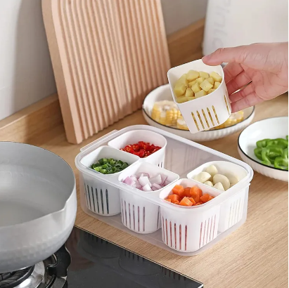 6 Pcs Detachable Drain Basket Fridge Food Storage Container With Lid Airtight Refrigerator Food Box - AABA MALL