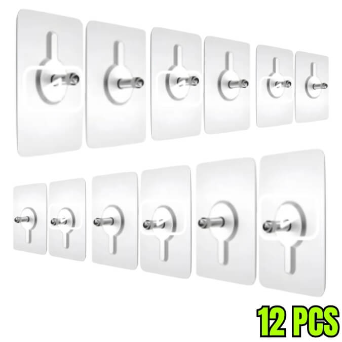 Set of 12 white wall hooks on a white background with '12 PCS' text.
