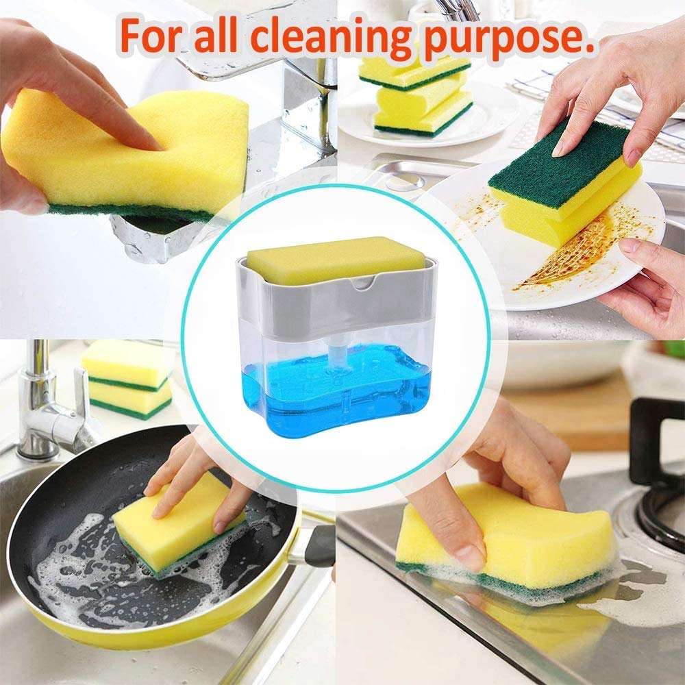 2-in-1 Soap Pump Dispenser & Sponge Holder | One-Hand Operation Soap Pump with Built-In Sponge Caddy | Ideal for Kitchen & Bathroom Dishwashing