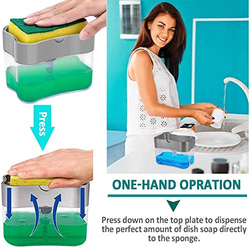 2-in-1 Soap Pump Dispenser & Sponge Holder | One-Hand Operation Soap Pump with Built-In Sponge Caddy | Ideal for Kitchen & Bathroom Dishwashing