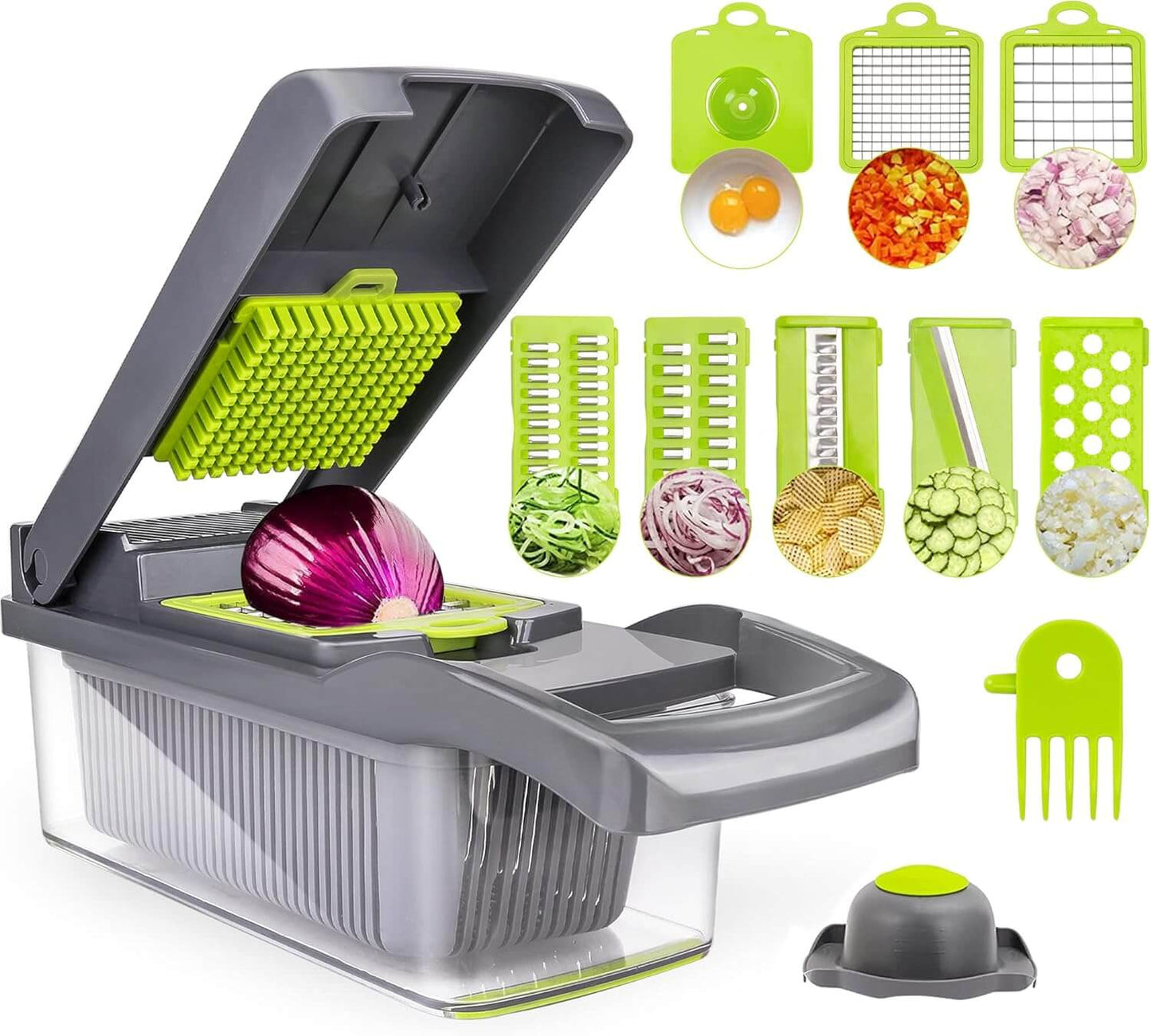 Vegetable chopper with multiple attachments and examples of chopped vegetables on a white background