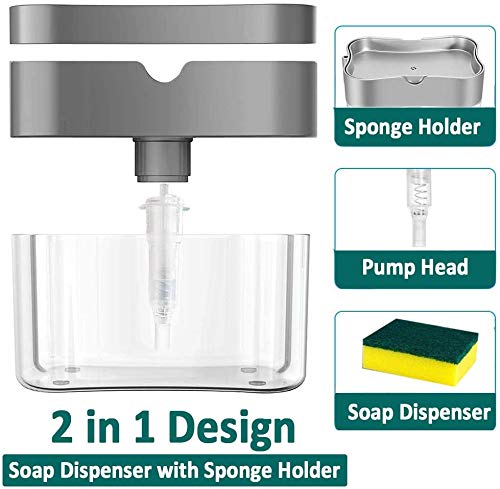 2-in-1 Soap Pump Dispenser & Sponge Holder | One-Hand Operation Soap Pump with Built-In Sponge Caddy | Ideal for Kitchen & Bathroom Dishwashing