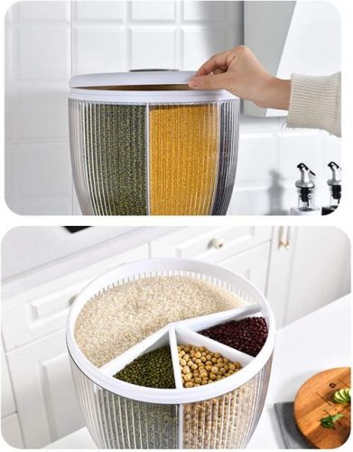 Grains Rice Bucket Dispenser Multifunctional Tank 360 Degree Rotary 4-Grid Food