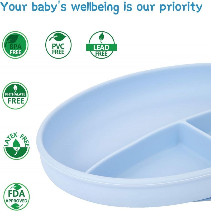 silicone suction plate, baby plate, kids food plate, divided baby plate, baby feeding plate, suction baby dish, BPA free baby plate, non slip feeding plate, toddler dinnerware