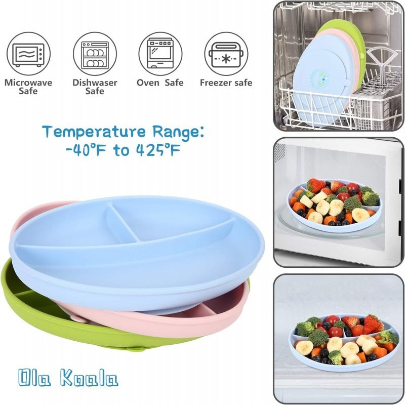 silicone suction plate, baby plate, kids food plate, divided baby plate, baby feeding plate, suction baby dish, BPA free baby plate, non slip feeding plate, toddler dinnerware