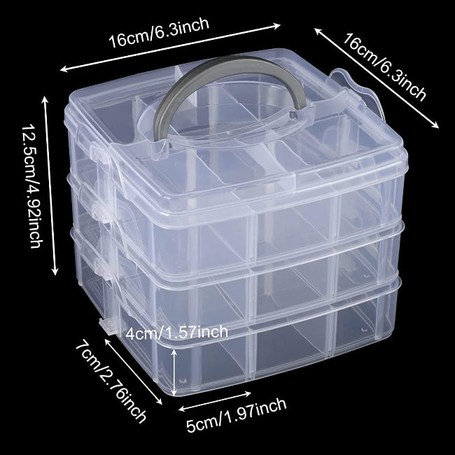 Three-layer clear plastic organizer box with 18 adjustable grids, shown holding colorful jewelry beads, earrings, and rings.