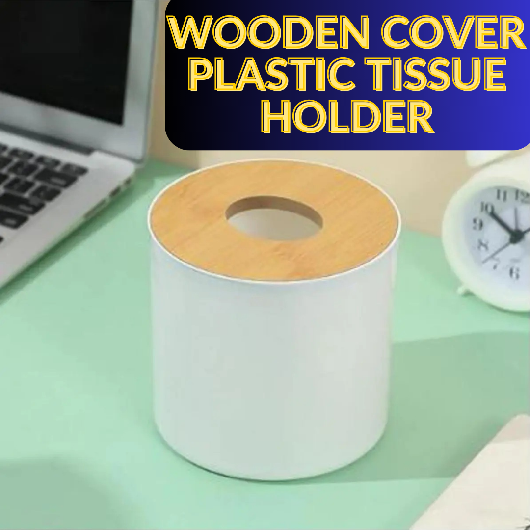 Wooden Cover Plastic Tissue Holder Organizer Box (White Color)