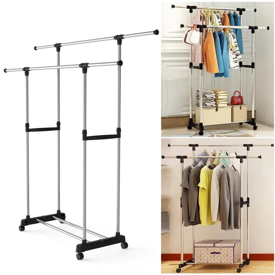 Adjustable Double Pole Clothes Stand – Portable Garment Rack with Wheels | Rolling Coat Hanger Organizer & Display Stand