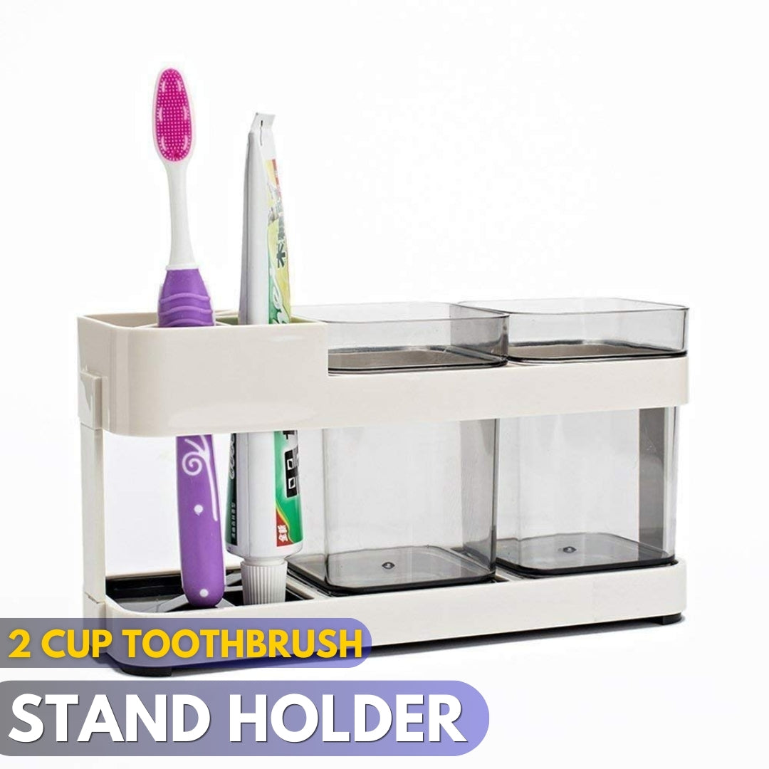 2 Cup Toothbrush Toothpaste Stand Holder Bathroom Storage Organizer
