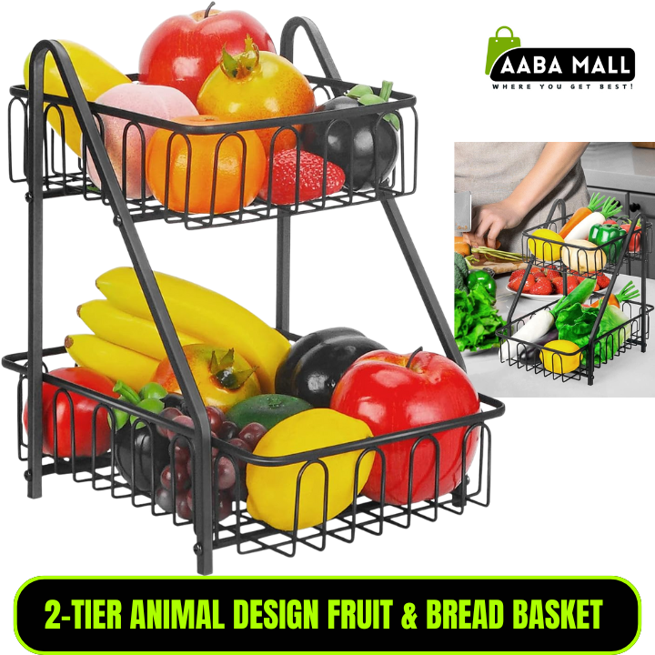 2-Tier Animal Design Fruit & Bread Basket β Decorative Black Metal Rack for Fruits, Vegetables, Snacks β Kitchen Countertop Storage Organizer