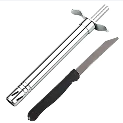 Close-up of 2-in-1 gas stove lighter with stainless steel kitchen knife showing the metallic kitchen tool design