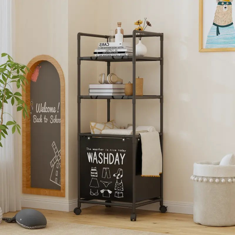 3-Tier Rolling Laundry Hamper with Wheels | Multi-Compartment Clothes Basket | Rustic Style Plastic Laundry Organizer for Bedroom, Bathroom & Home