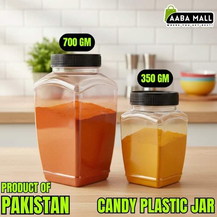 Two plastic jars with different powders, labeled with weight and origin, on a kitchen counter.