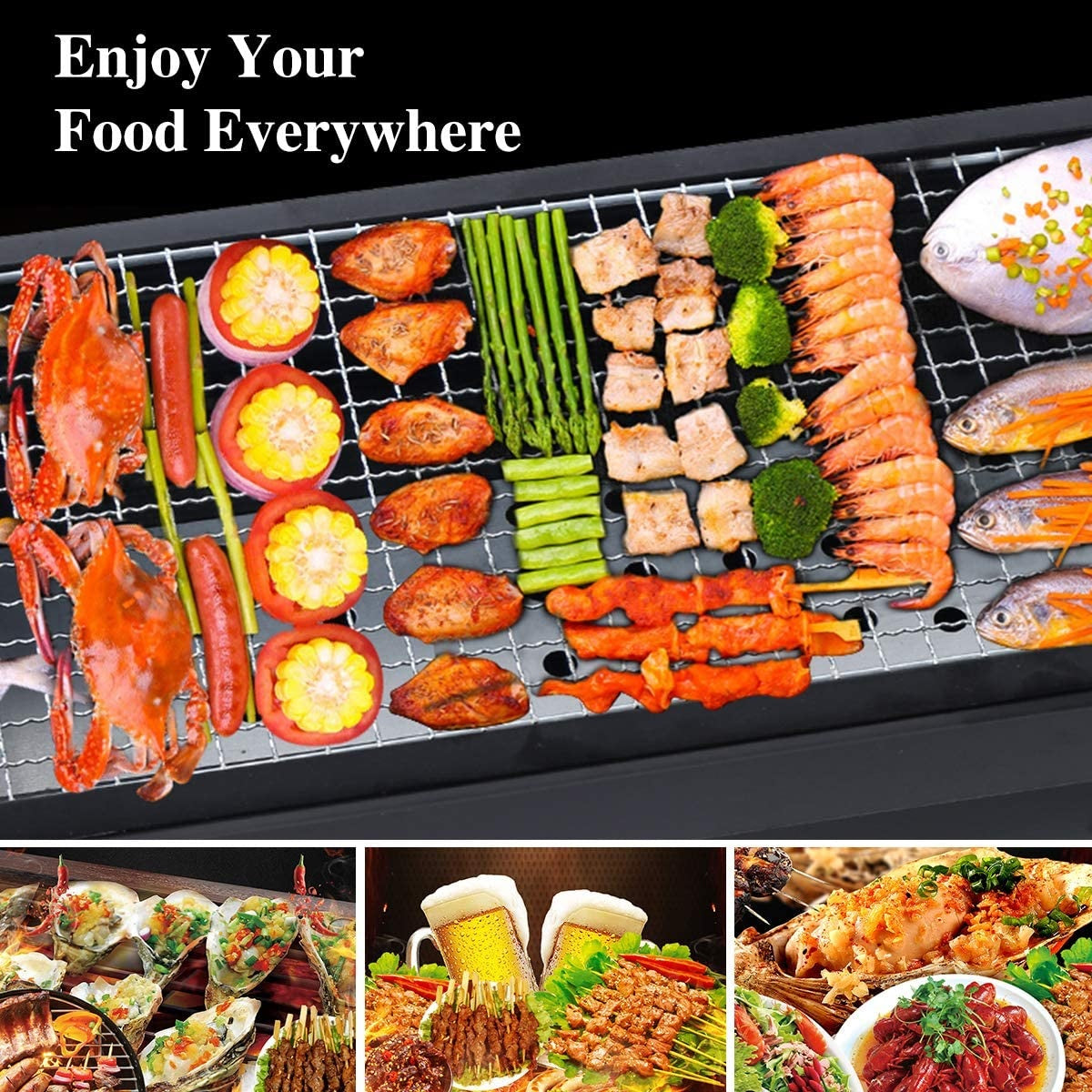 Foldable BAR B Q Grill - Barbecue BBQ Tool Angeethi With Drawer Type Ashtray Black 23.6 inches - AABA MALL