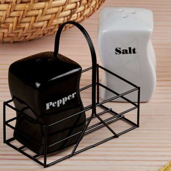 2 Pcs Iron Frame Ceramic Salt & Pepper Shaker Set with Metal Stand | Adjustable Spice Grinder Bottles | Tabletop Seasoning Jar Container