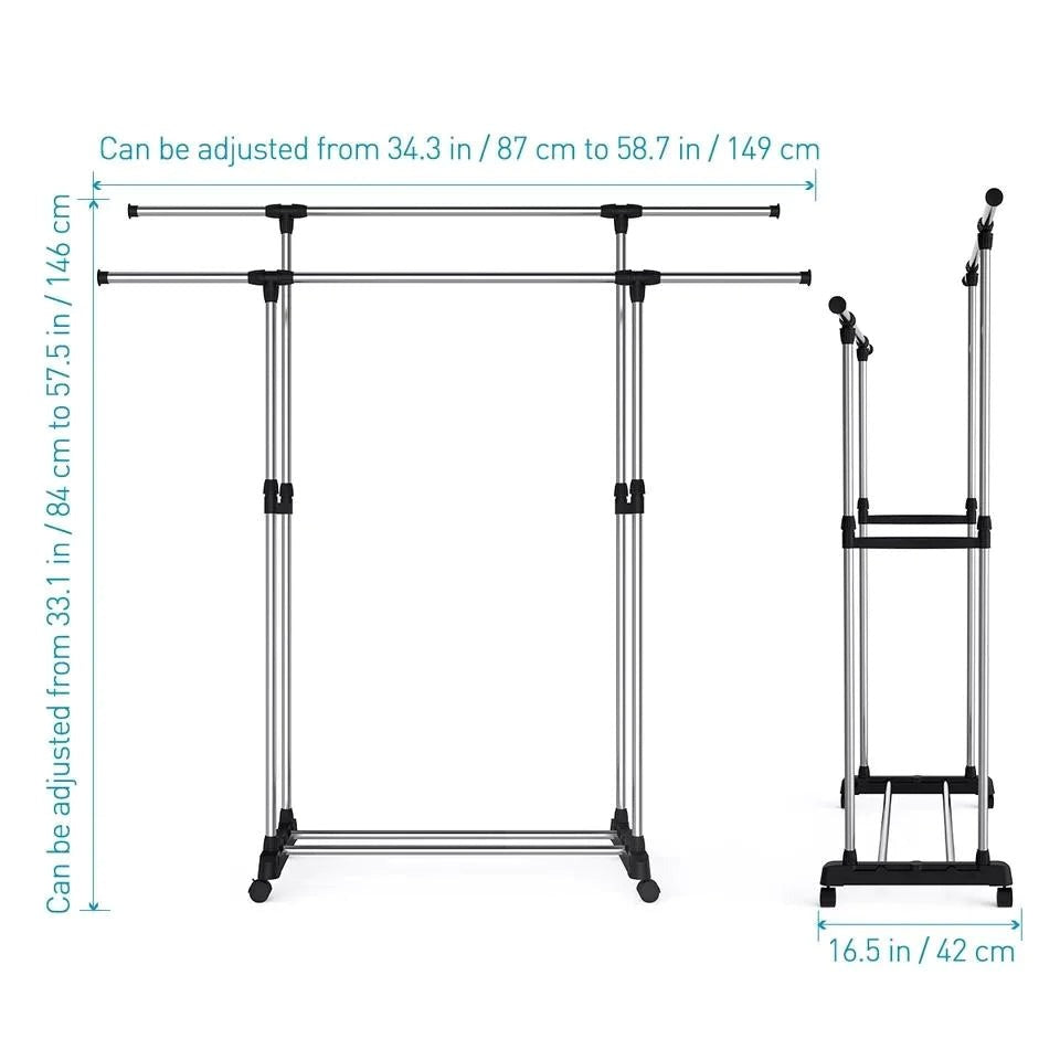 Adjustable Double Pole Clothes Stand – Portable Garment Rack with Wheels | Rolling Coat Hanger Organizer & Display Stand