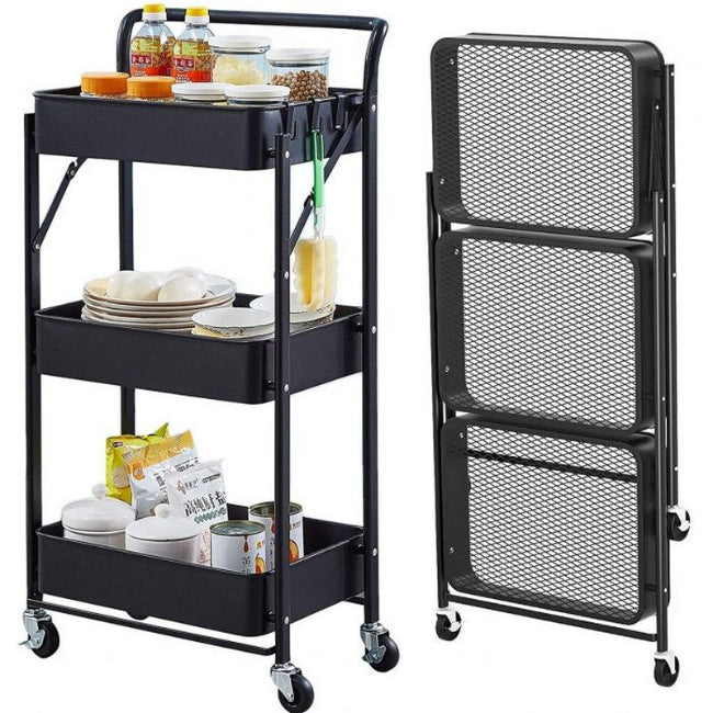 Black 3-layer portable folding metal utility cart trolley with wheels, shown in open position for kitchen and bathroom storage