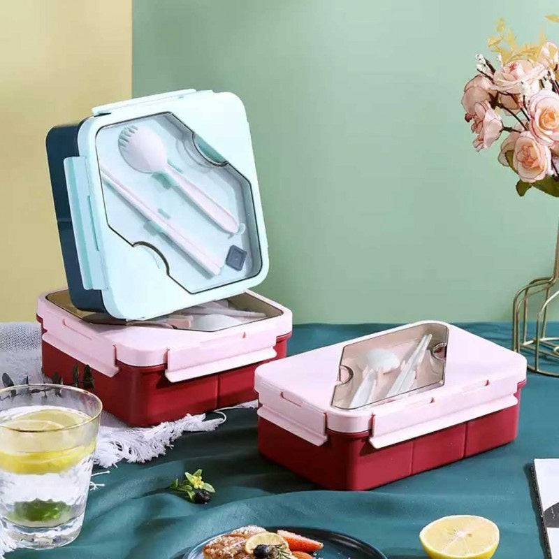 Lunch Box 3 Compartment with Utensils Eco-Friendly Leakproof Microwave Safe