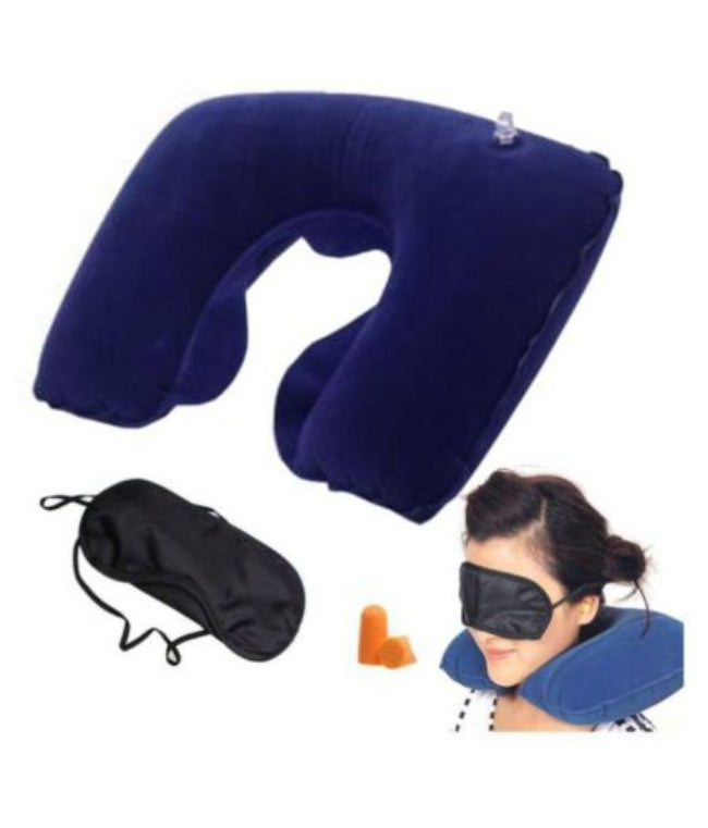 3-in-1 travel neck pillow set with memory foam, ergonomic neck support, contoured eye mask, and noise-reducing ear plugs