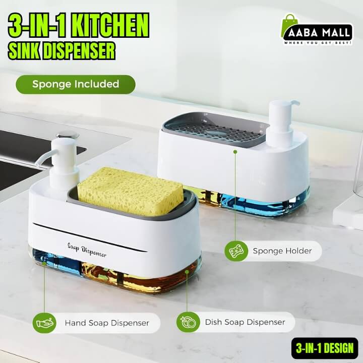 3-in-1 kitchen sink organizer or 'Bartan dhonay wala stand' (dishwashing stand). It features a hand soap dispenser, a sponge holder with a yellow scrubbing sponge, and a dish soap container below. All-in-one 'Saaf Safai' (cleaning) solution for your kitchen counter COD AABA MALL