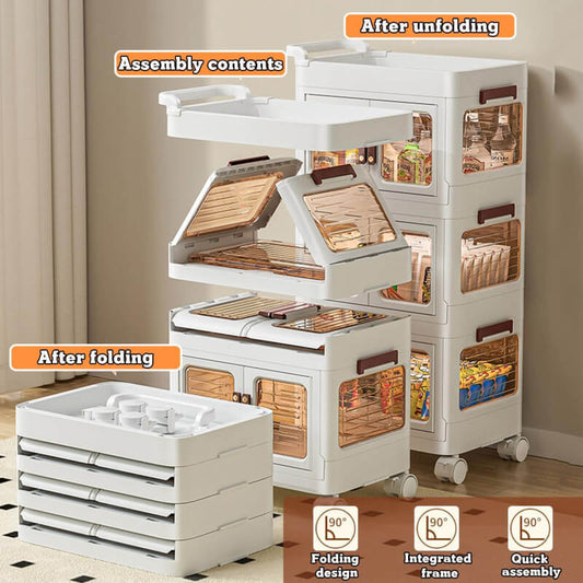 Storage cart with drawers shown before and after folding, on a neutral background.