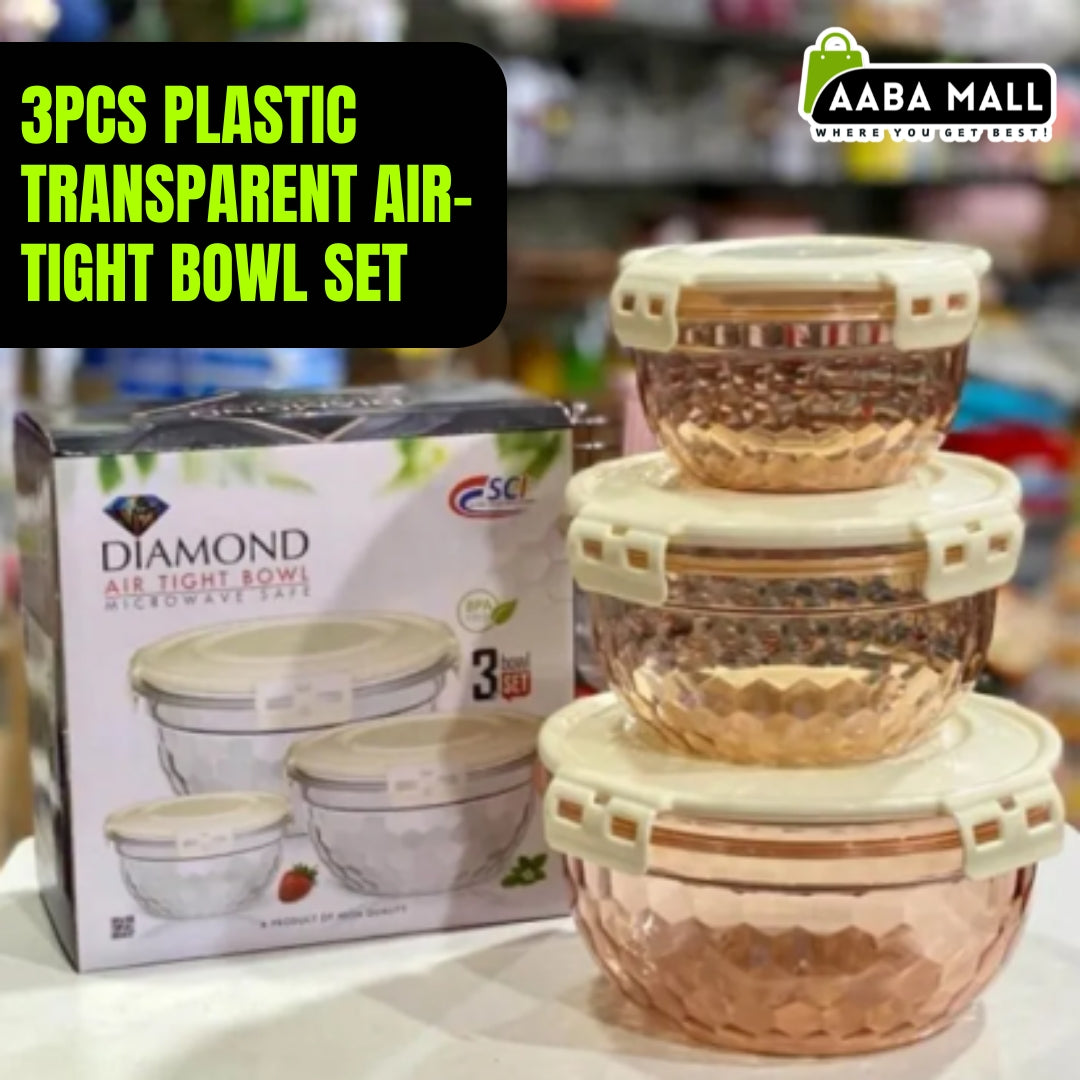 Diamond Plastic Transparent Air-Tight Bowl Set (3 Pcs)