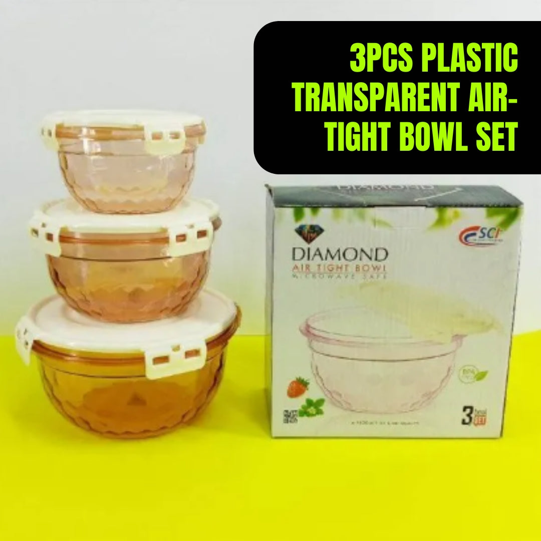 Diamond Plastic Transparent Air-Tight Bowl Set (3 Pcs)