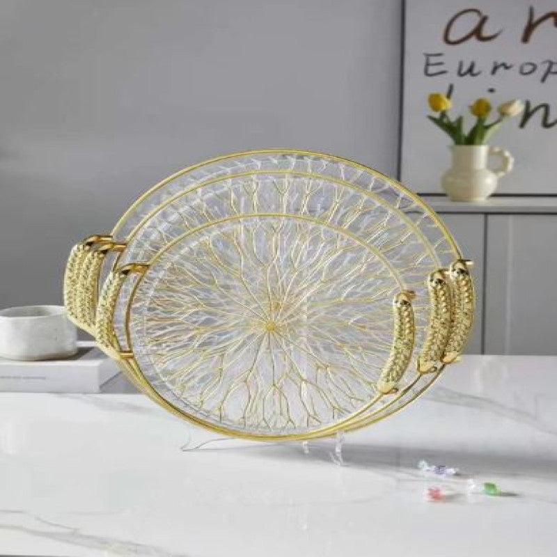 Set of 3 Round Golden Branch Design Food Service Trays – PET Snack & Fruit Serving Trays