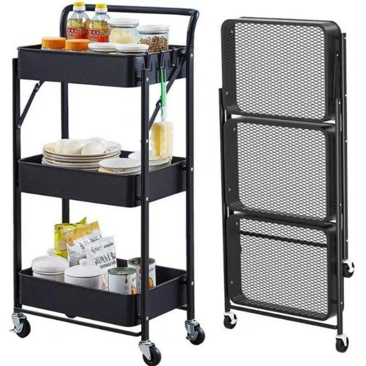 3‑Tier Folding Metal Utility Cart with Wheels | Portable Kitchen & Bathroom Storage Rack | Black Rolling Organizer