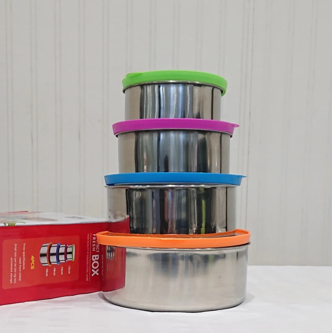 4 Pc Stainless Steel Bowl Set Lunch Box Tiffin Kitchen Food Container for School Office Kids