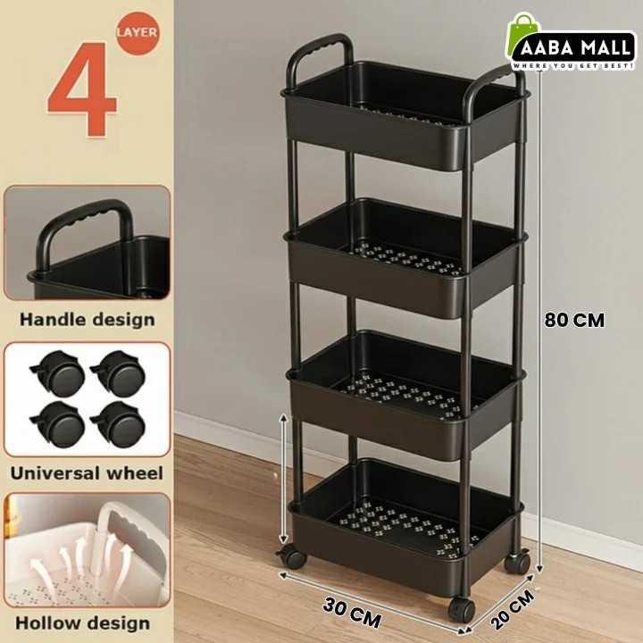 Black 4-tier rolling cart with features and dimensions on a gray background