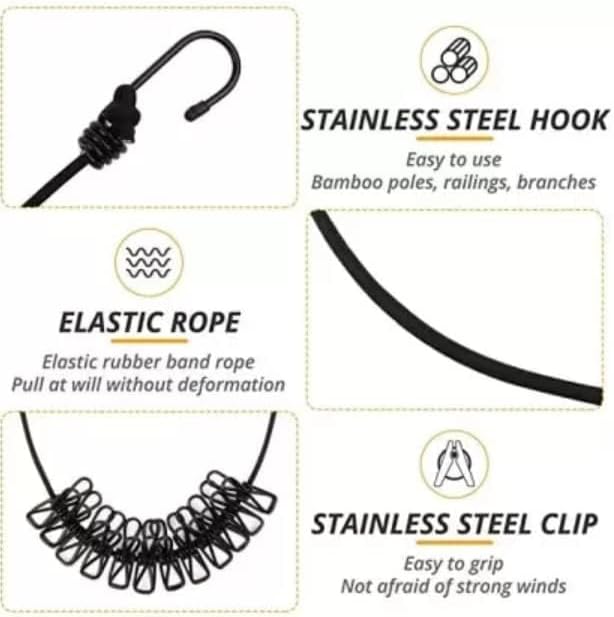 Cloth Drying Rope with Hooks & 12 Clips β Elastic Clothesline for Travel, Home & Outdoor Use β Kapde Sukhane Ki Rassi Wire (Multicolor)