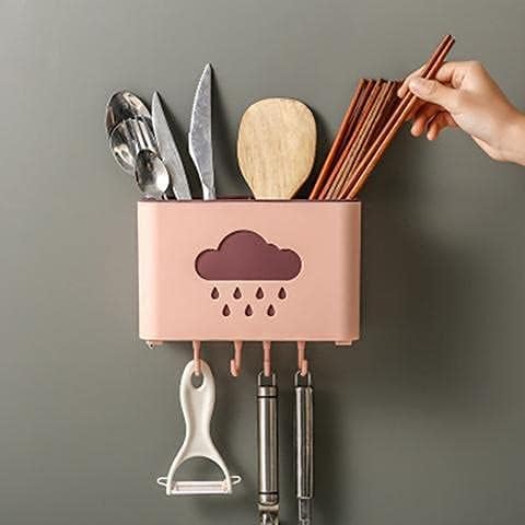 Plastic Cutlery Holder – Wall Mounted Kitchen Spoon & Towel Holder with 4 Hooks | Self-Adhesive, Space Saver – Multicolour