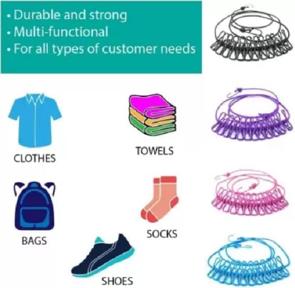Cloth Drying Rope with Hooks & 12 Clips β Elastic Clothesline for Travel, Home & Outdoor Use β Kapde Sukhane Ki Rassi Wire (Multicolor)