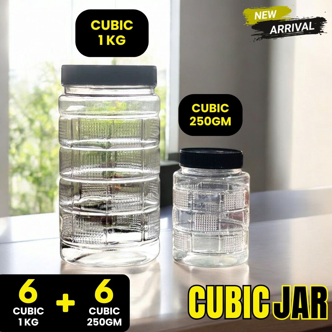 CUBIC Design Airtight Kitchen Storage Jar Set β 6 Jars (1KG) + 6 Jars (250GM) | BPA-Free Transparent Containers for Groceries, Pulses, Spices & Snacks
