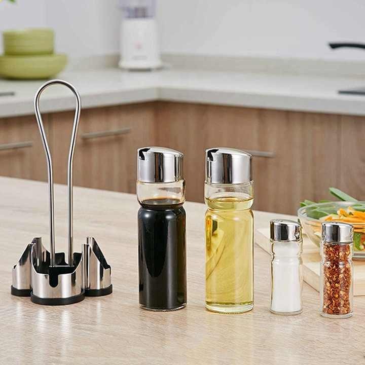 Stainless Steel Stand Glass Cruet Condiment Set