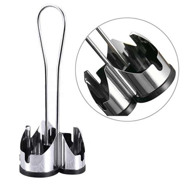 Stainless steel stand cruet condiment set, including glass salt and pepper shakers and oil and vinegar dispenser bottles on a kitchen counter