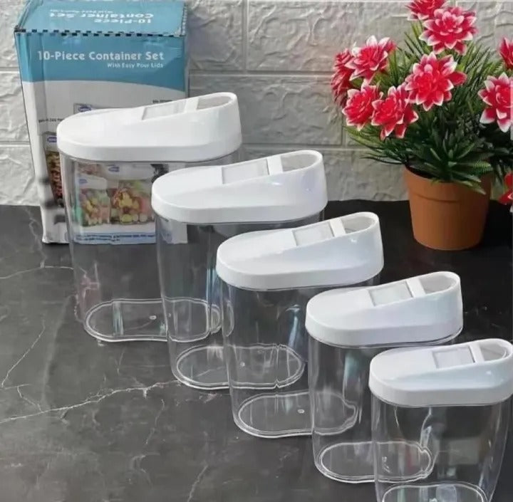 Airtight storage container set with easy pour lids for cereals and grains