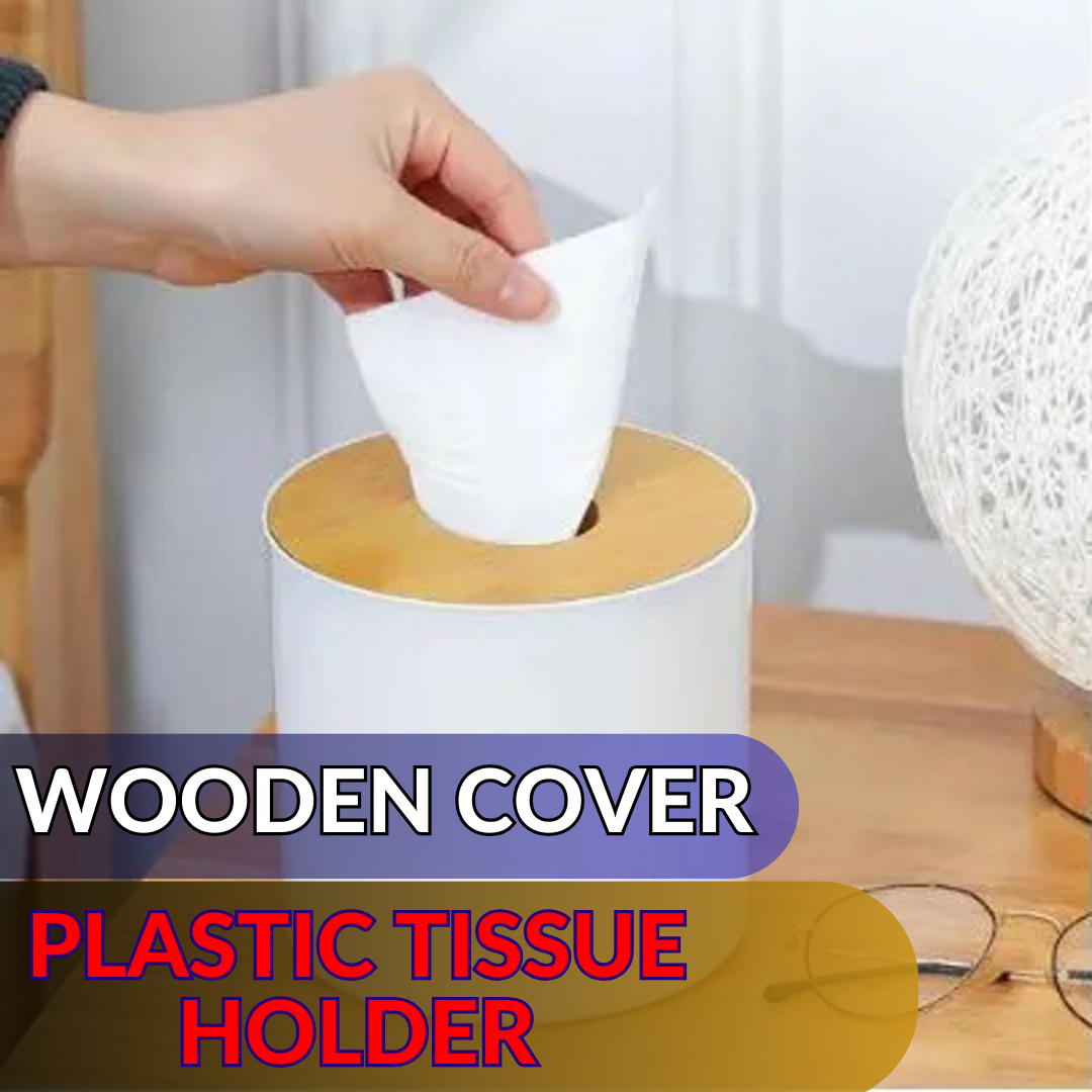 Wooden Cover Plastic Tissue Holder Organizer Box (White Color)