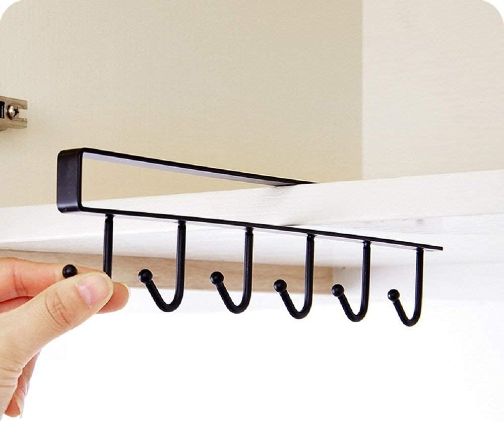 Under Cabinet Mug Holder Rack | Adhesive Coffee Cup Hooks | Drill-Free Metal Kitchen Organizer with 6 Hooks for Cups, Utensils, Belts & Scarves