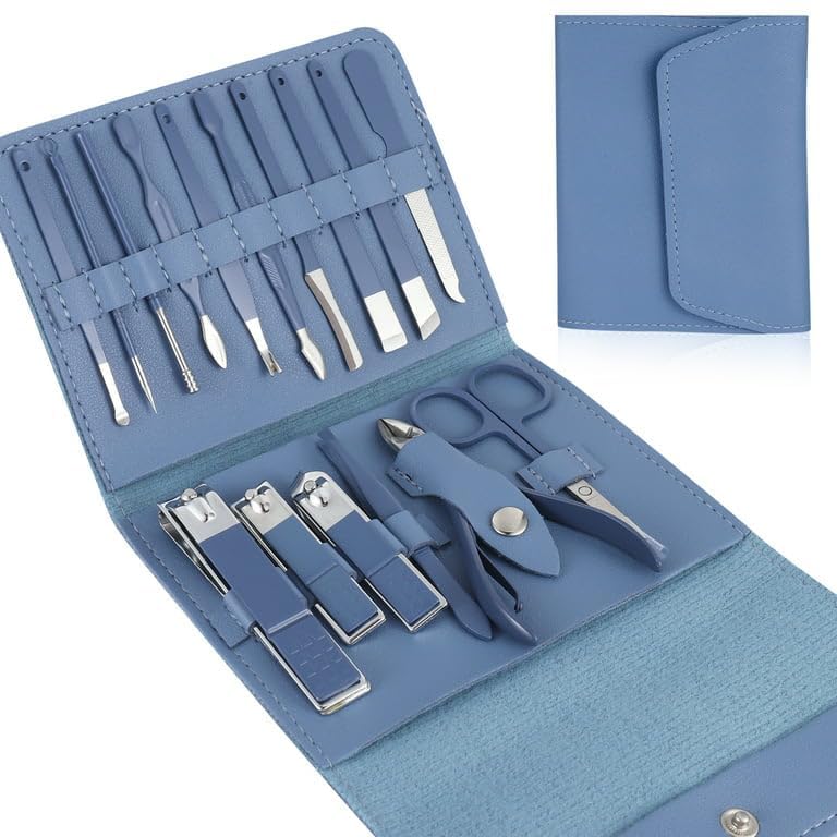 Professional Manicure Set – 16 Pcs Stainless Steel Nail Clipper & Pedicure Kit | Grooming Tools with Luxurious Travel Leather Case for Men & Women