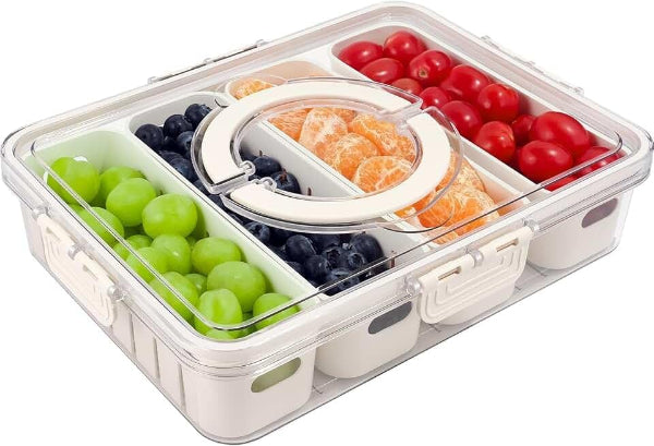 food storage container, divided food box, serving tray, snack organizer, lunch box, leakproof box, kitchen storage, meal prep container, plastic food container, 4 compartment tray