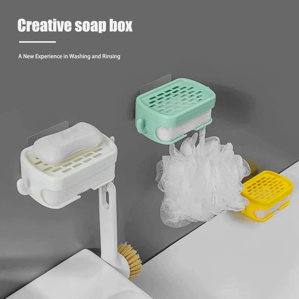Dual-Use Soap Box | Wall-Mounted & Countertop Soap Dish | Plastic Soap Holder with Drain Tray & Sponge Storage for Home & Bathroom