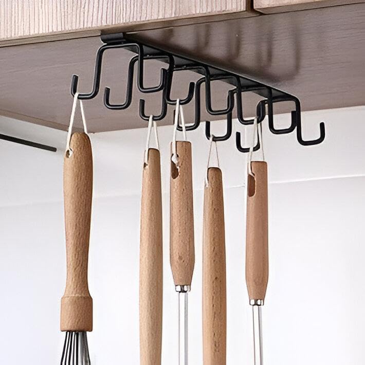 Metal Hook Rack Holder | Stylish Coated Cup Holder | Cabinet Door Organizer for Cups, Utensils, Ties & Belts