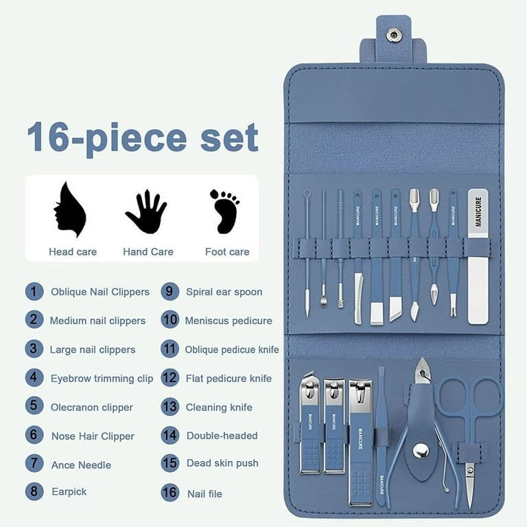 Professional Manicure Set – 16 Pcs Stainless Steel Nail Clipper & Pedicure Kit | Grooming Tools with Luxurious Travel Leather Case for Men & Women