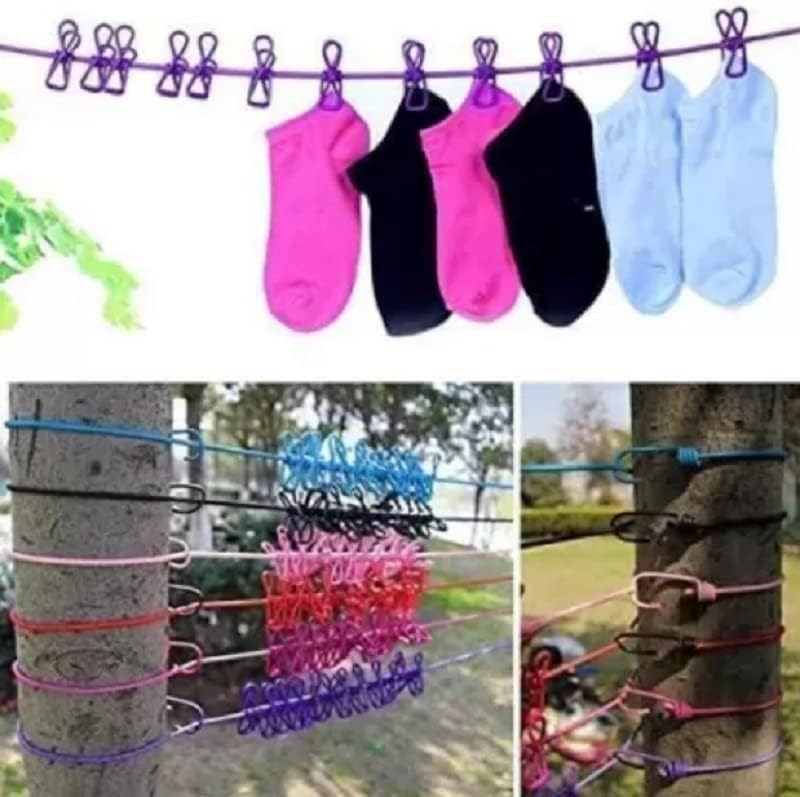 Cloth Drying Rope with Hooks & 12 Clips β Elastic Clothesline for Travel, Home & Outdoor Use β Kapde Sukhane Ki Rassi Wire (Multicolor)