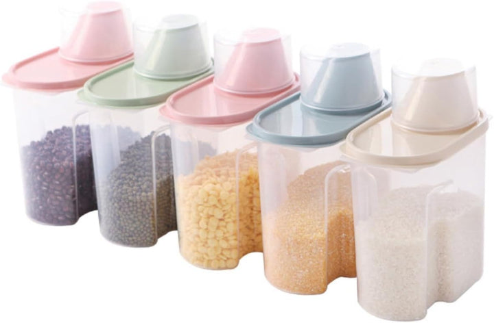 airtight food storage container, grain storage jar, pulses storage box, rice container with measuring cup, flour storage container, 1.9L plastic jar, cereal storage box, pasta storage container, dry food jar, kitchen storage solution.